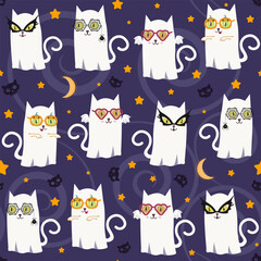 Ghost Cats Party. Cats in a white sheets and fun glasses. Halloween seamless pattern