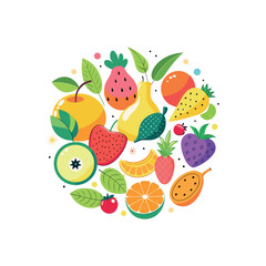 A colorful flat vector illustration of various fruits arranged in a circle. Include bananas, strawberries, watermelon, apple, pear, pineapple, and grapes. Use a playful and cartoonish style 