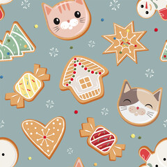 Cute gingerbread cookies with icing. Cat, house, star, candy, heart shaped cookies. Festive Christmas seamless pattern