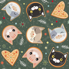Cute gingerbread cookies with icing. Cats faces and heart shaped cookie. Festive Christmas seamless pattern
