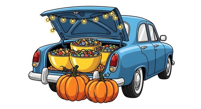 Illustration of blue car trunk full of halloween candy isolated on white background