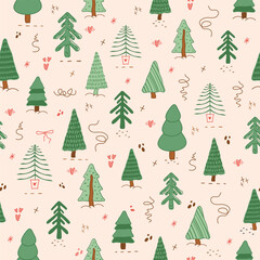 seamless pattern, cute illustration.  tree, stars, dots, snow, simple  design. hand drawn doodles are isolated on a pink background. A trend concept for print, banners,  posters. vector art 