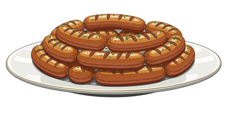 Premium German Food – Stylized Grilled Circle Bratwurst on Plate, Traditional Bavarian Sausage Vector Illustration
