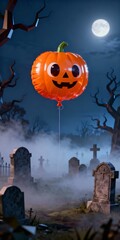Cute 3D Pumpkin Balloon with Glossy Finish in Spooky Foggy Graveyard Twilight Halloween Party