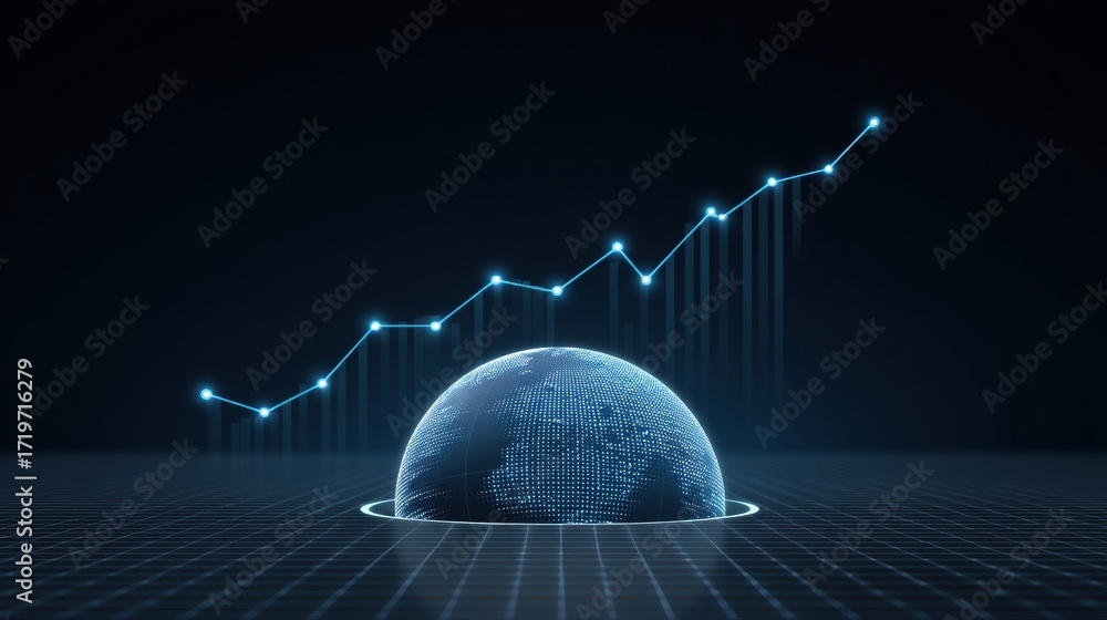Poster a futuristic globe with digital data lines rising, symbolizing growth and technology in a dark, grid