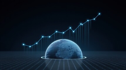 A futuristic globe with digital data lines rising, symbolizing growth and technology in a dark, grid-like environment.