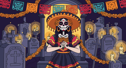 Fototapeta premium Day of the Dead Fiesta Celebration in the Cemetery