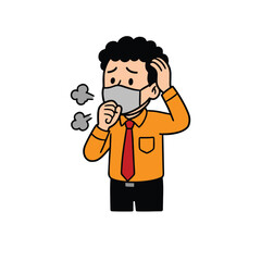 Cartoon Illustration of a Man Wearing Mask Coughing and Feeling Unwell