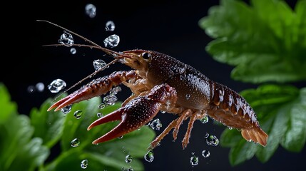 Closeup shot of a crustacean, such as a crayfish or small lobster, surrounded by water bubbles and leaves in its natural aquatic habitat