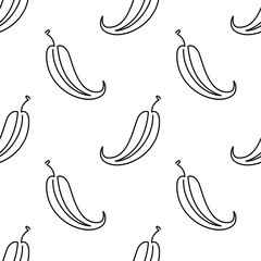 Cute chili pepper cartoon seamless pattern. Food vegetable flat texture on white background. Chili pepper in Doodle style. Hand drawn vector line art
