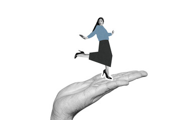 Creative collage picture young lady dance hand body fragment palm funky motion celebrate weekend disco leisure entertainment