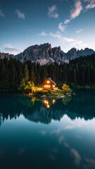 Fototapeta premium Idyllic cabin retreat nestled by the lake with reflections at dusk scene