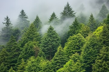 Misty forest canopy. Lush green trees, shrouded in a hazy, light gray mist