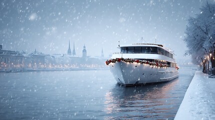 Winter landscape of town with lake or sea with boats on foreground, christmas