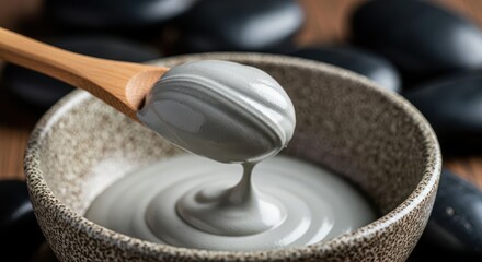 Smooth Gray Mud Cream Dropping from Wooden Spoon into Bowl