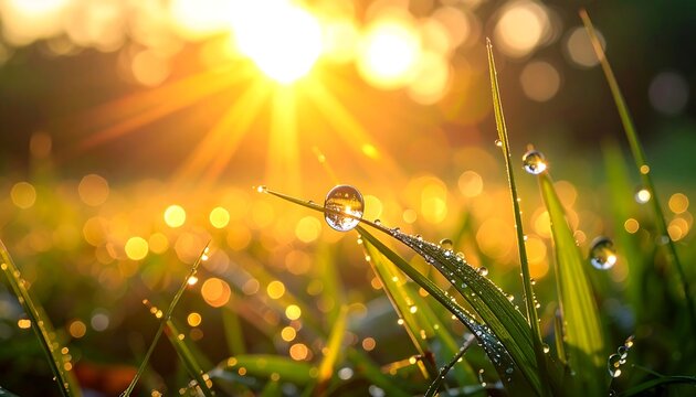 Close-up of glistening dew drops on blades of grass, illuminated by a radiant, golden sunrise creating beautiful bokeh