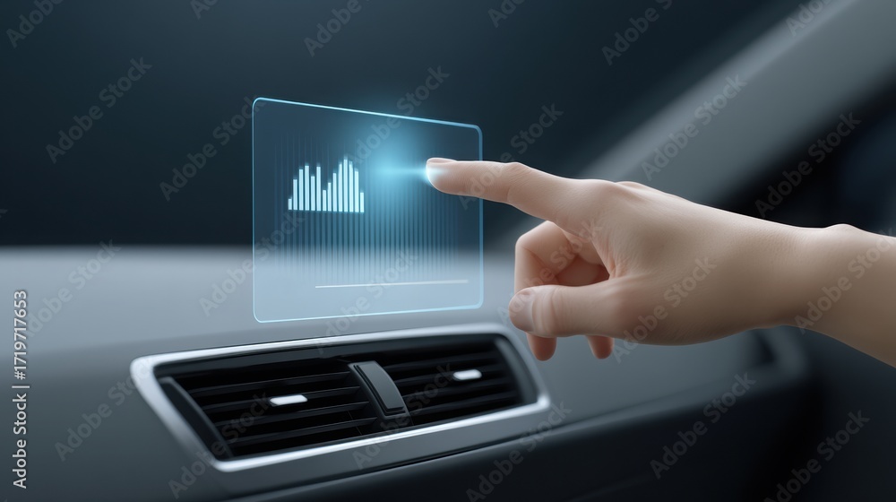 Aufkleber a hand interacts with a futuristic touchscreen displaying audio levels inside a modern car's interio