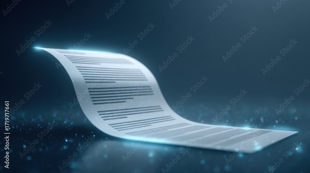 Poster a glowing document floats in a digital space, illuminated by a soft blue light, suggesting themes of
