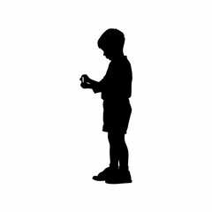 Silhouette of boy carefully opening medicine strip for parents isolated on white background