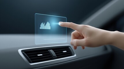 A hand interacts with a futuristic touchscreen displaying audio levels inside a modern car's interior.