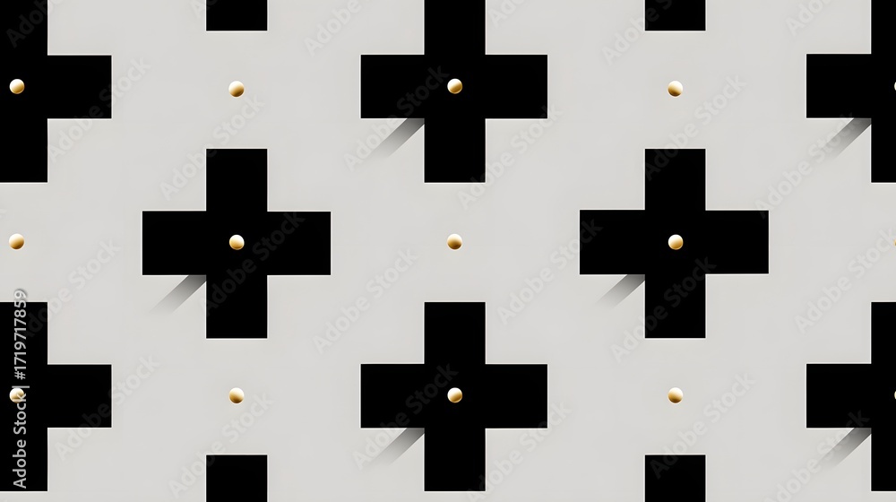 Poster minimalist and abstract seamless pattern featuring a grid-like arrangement of black cross shapes and