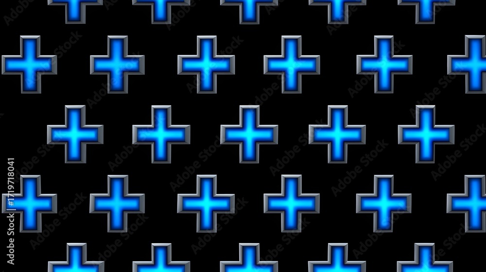Poster seamless repeating pattern of glowing blue cross-shaped elements against a dark background, creating