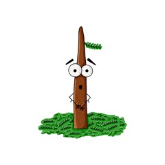 Cartoon style illustration of a bare christmas tree trunk character surrounded by fallen green needles, looking surprised, isolated on white background