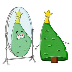 Cartoon style illustration of a christmas tree character wearing a star on top and admiring its reflection in the mirror with love heart eyes, isolated on white background