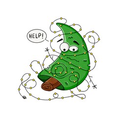 Cartoon style illustration of a christmas tree character wrapped up in a messy string of christmas lights, asking for help, isolated on white background