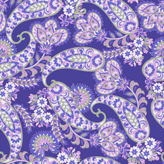 Colorful Paisley wallpaper. Vector Indonesian batik. Bright classic indian fabric. Paisley wallpaper. Ethnic background with paisley and stylized flowers. For textile, cover, wrapping paper, fabric