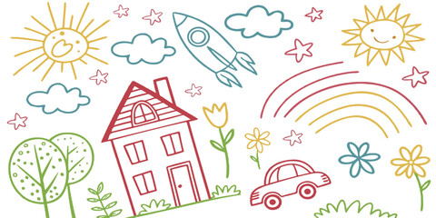Cute seamless doodle pattern with rainbow, sun, house, trees, bunny, rocket, flowers and stars. Playful kids background for nursery, fabric, wallpaper, wrapping paper and textile design.