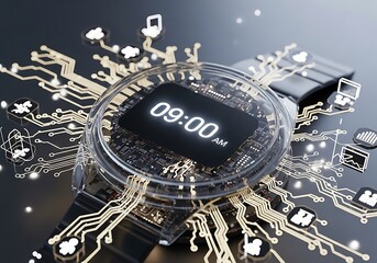 Smartwatch evolution showcasing intricate circuit design with application icons and technological advancement at nine am