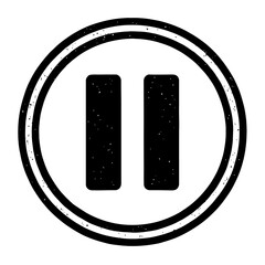 Grungy B&W pause symbol: two vertical bars in a double-ringed circle. Media control icon for temporary halt, break, stop. Perfect for UI/UX, graphic design, digital interfaces, audio/video. Distressed