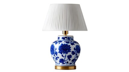 A decorative blue and white porcelain table lamp with an ornate floral pattern, featuring a classic, elegant design in a traditional style.