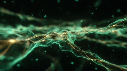 Abstract science fiction background showing a complex, glowing organic neural network structure with data points flowing through its tangled, greenish filaments on a dark, mysterious background - Powered by Adobe