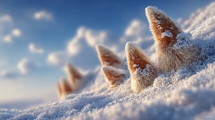 Close up of icy mountain peaks with clouds and blue sky isolated on white background
