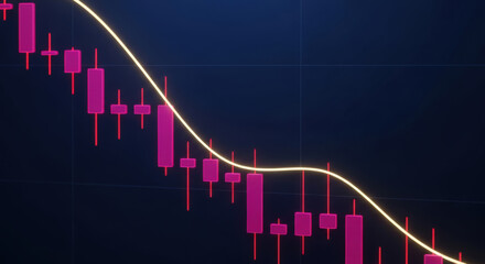 Navigating Market Downturns A Visual Representation of a Declining Stock Market Chart with Red Candles and a Yellow Trend Line on a Dark Blue Grid Background