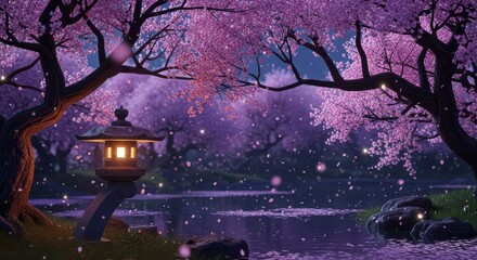 Enchanting Cherry Blossom Garden Serenity at Night