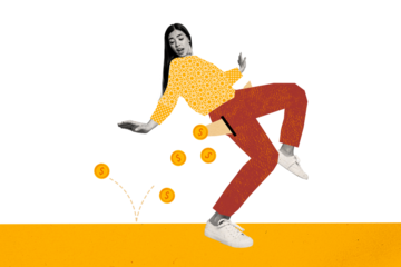 Composite photo collage of funny astonished girl loss money coin dollar fall empty pocket bankrupt isolated on painted background