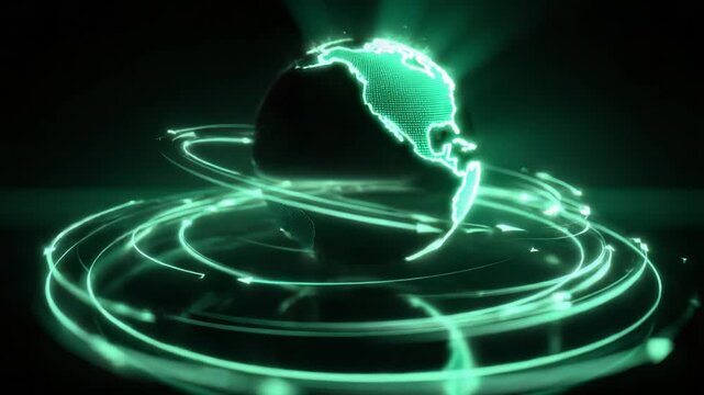 Digital Earth rotating with glowing light trails and particles representing global data transfer. A technological concept for worldwide network, internet communication, and big data connection - Powered by Adobe