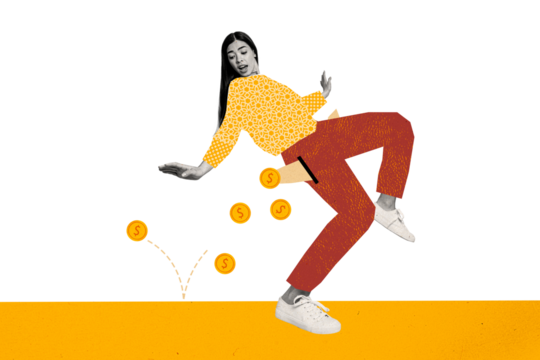 Composite photo collage of funny astonished girl loss money coin dollar fall empty pocket bankrupt isolated on painted background - Powered by Adobe