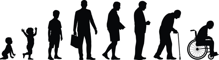 Silhouette evolution of human life stages from childhood to old age, aging process, growth, development, timeline, people profile, black illustration