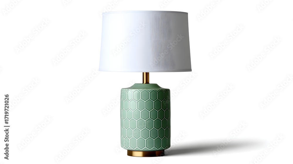 Poster a sleek and minimalist green hexagonal table lamp with a neutral-colored fabric shade, creating a st
