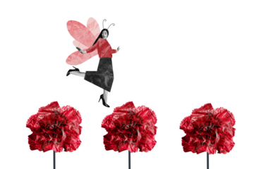 Composite photo collage of astonished fairy girl fly peony flower bloom field spring season atmosphere isolated on painted background