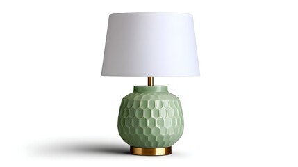 A stylish and contemporary table lamp featuring a textured, geometric green ceramic body with a sleek brass base and a crisp white linen shade.