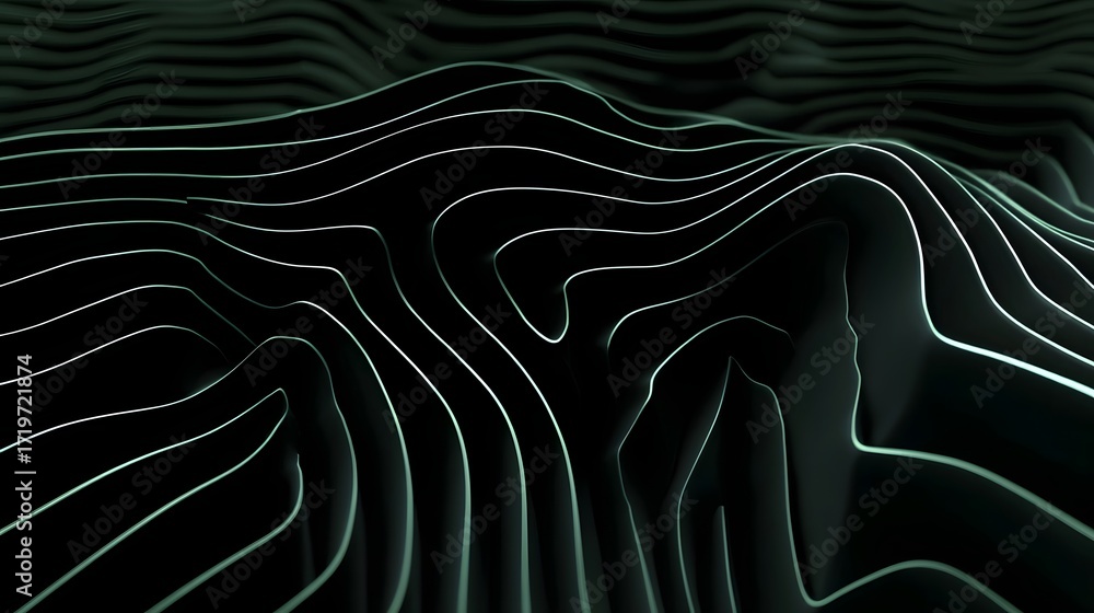 Poster an abstract, minimalist composition featuring a digital rendering of stylized, undulating curves and