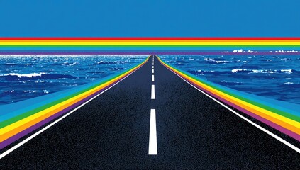 A vibrant highway stretches toward a rainbow horizon over a vast ocean, evoking a sense of hope and adventure.