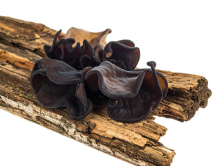 “Black Jelly Ear Mushrooms with Rustic Wooden Base, isolated on a transparent background”.