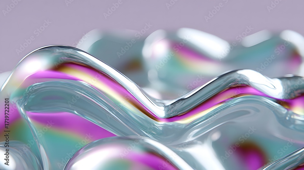 Poster A visually striking abstract composition featuring shimmering, iridescent waves of fluid motion and mesmerizing textural patterns.