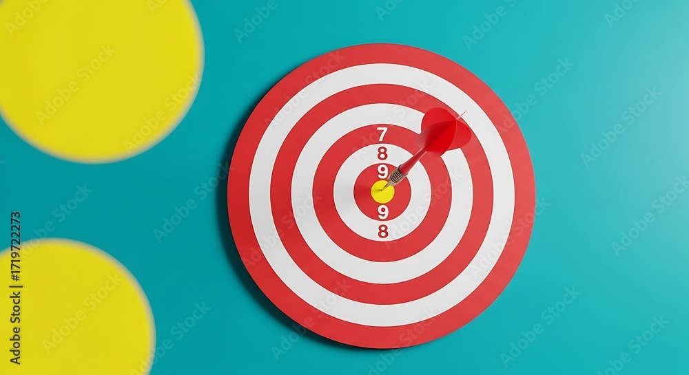 Poster red and white bullseye dartboard with a single dart hitting the center symbolizing accuracy and goal